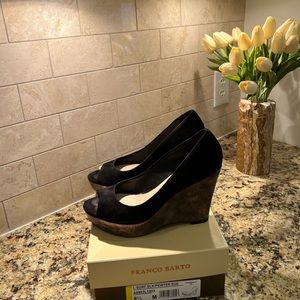 Franco Sarto Black suede peep toe platform shoes.